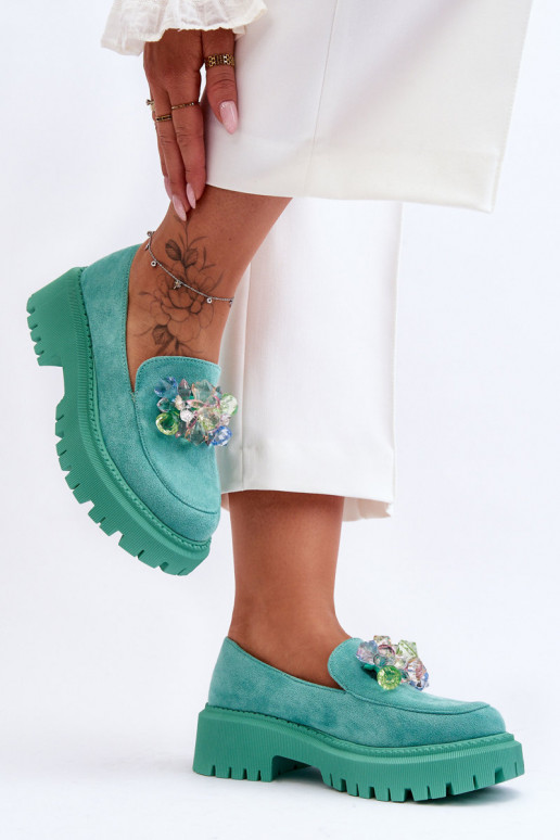 Moteriški mokasinai su dirbtiniais kristalais žalios spalvos Avril