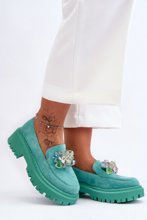 Moteriški mokasinai su dirbtiniais kristalais žalios spalvos Avril