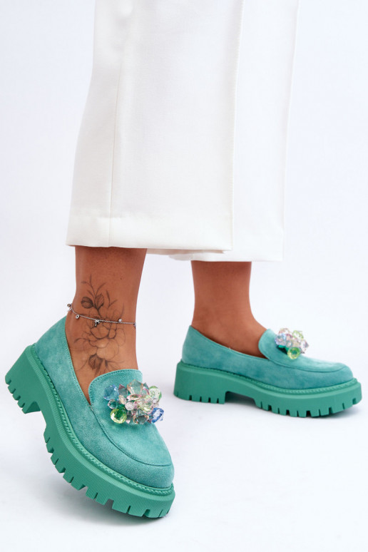 Moteriški mokasinai su dirbtiniais kristalais žalios spalvos Avril