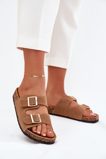 Moteriškos šlepetės Ze aukso spalvosmi su sagtimismi I Przeszyciami rudos spalvos Lunera 2