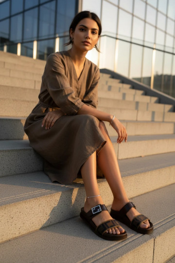 Moteriškos šlepetės su auksinėmis sagtimis, rudos spalvos 2