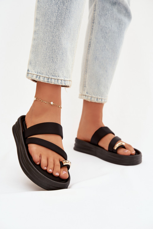  Moteriškos šlepetės su juostelėmis I aukso spalvosm Detalem Juodos spalvos Farielle