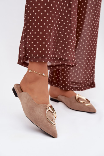 Moteriškos šlepetės Mule  aukso spalvosm Detalem smėlio spalvos Galvella 2