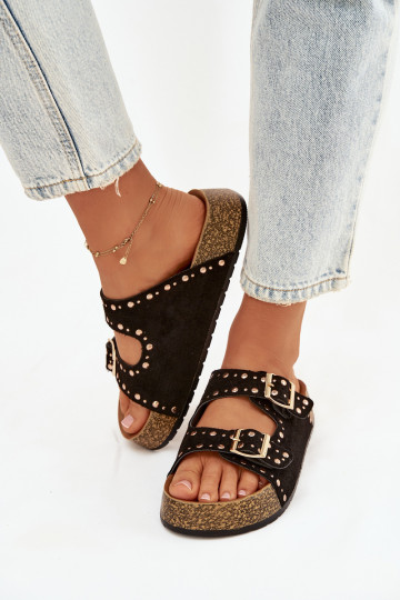 Moteriškos šlepetės Ze aukso spalvosmi su sagtimismi  Juodos spalvos Tervina