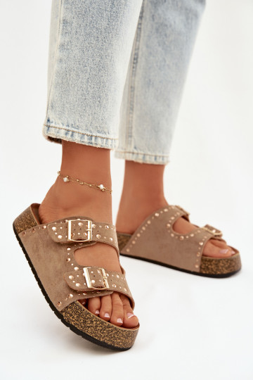 Moteriškos šlepetės Ze aukso spalvosmi su sagtimismi  chaki spalvos Tervina 2