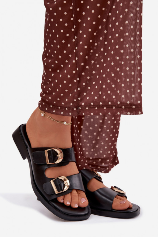 Moteriškos šlepetės Ze aukso spalvosmi su sagtimismi Juodos spalvos Danelle