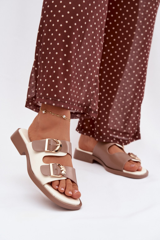 Moteriškos šlepetės Ze aukso spalvosmi su sagtimismi smėlio spalvos Danelle