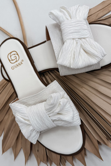 Moteriškos šlepetės su plačiais kulniukais su kaspinais baltos spalvos Amivelle