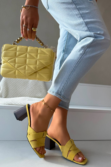 Moteriškos šlepetės su kulniukais su juostelėmis iš eko zomšosowe geltonos spalvos Corivelle 2