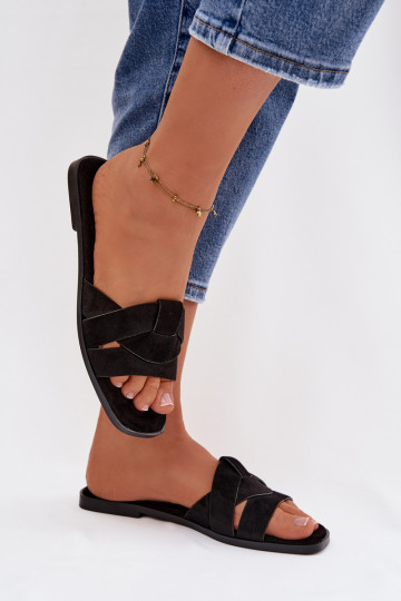 Šlepetės  su juostelėmis iš eko zomšosowe Juodos spalvos Florane 2