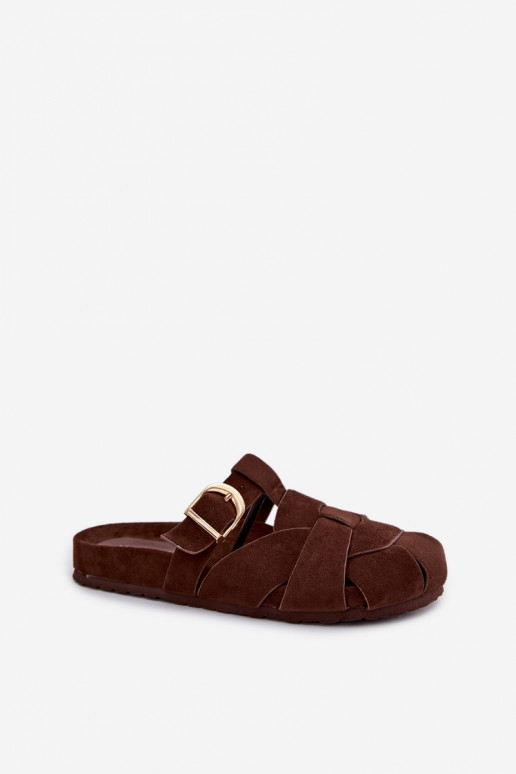 Moteriškos šlepetės Mule su juostelėmis I Złotą su sagtimis Czekoladowe Ganelle