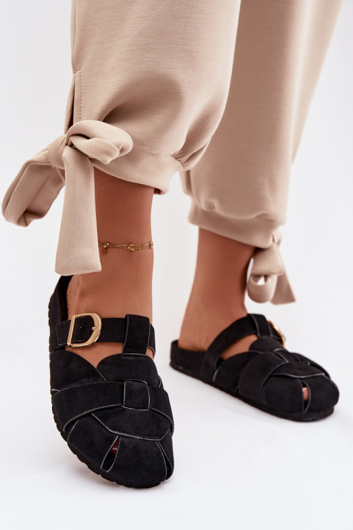 Moteriškos šlepetės Mule su juostelėmis I Złotą su sagtimis Juodos spalvos Ganelle