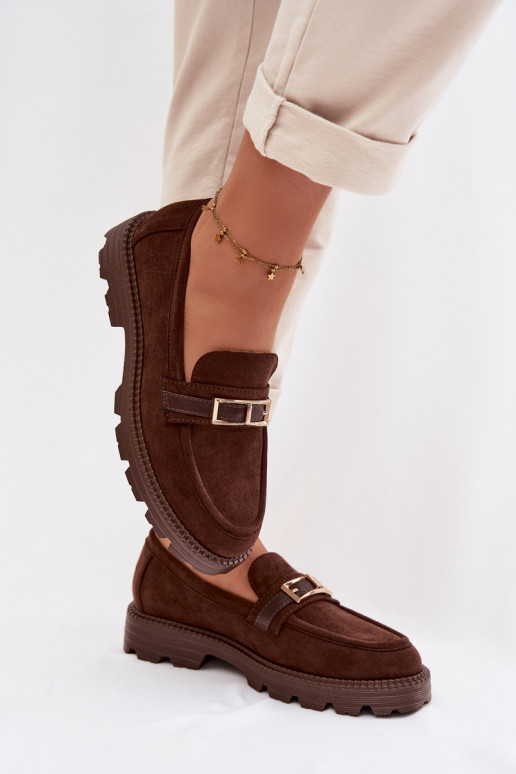 moteriški mokasinai su aukso spalvos sagtimis Czekoladowe Mirelva