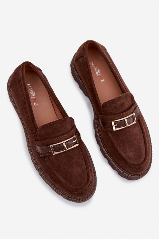 moteriški mokasinai su aukso spalvos sagtimis Czekoladowe Mirelva