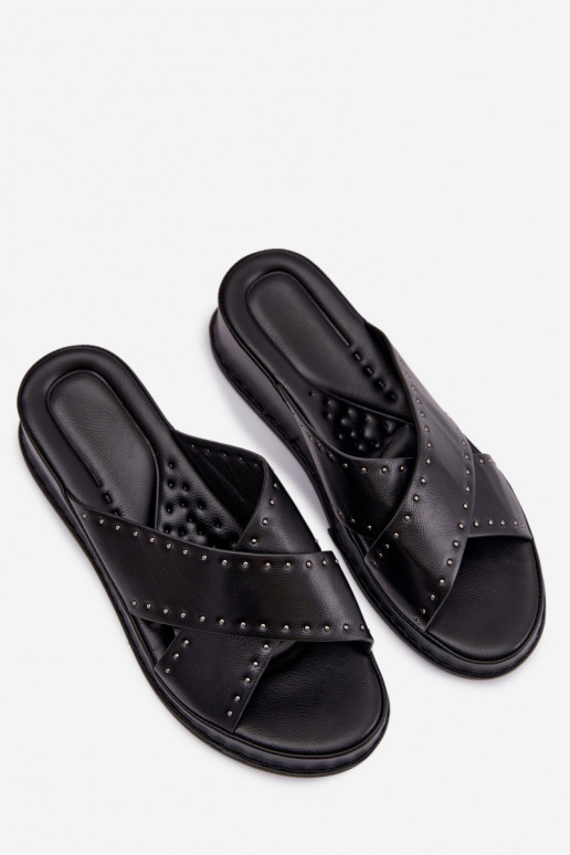 Dekoruotos Moteriškos šlepetės  iš eko odos Juodos spalvos Calorissa