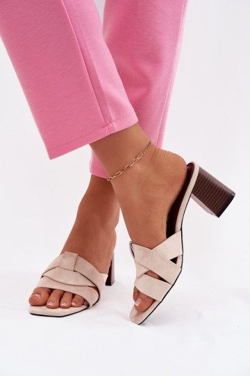 Moteriškos šlepetės su kulniukais su juostelėmis iš eko zomšosowe smėlio spalvos Corivelle 2