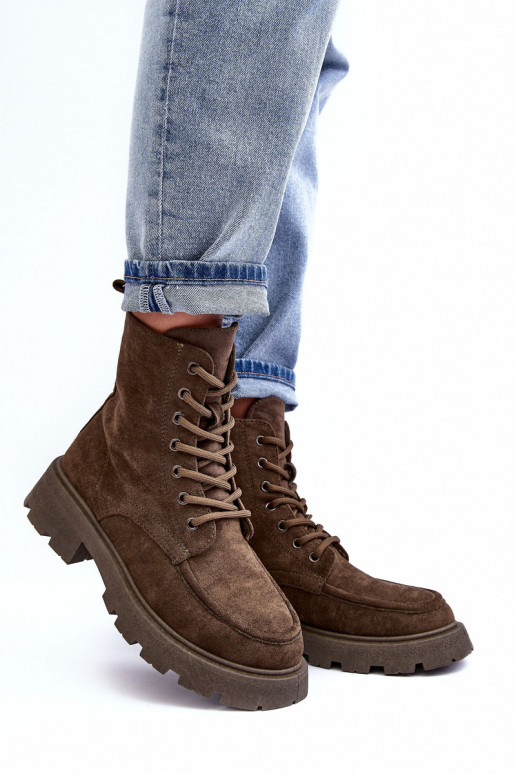 Zomšiniai batai batai pašiltinti su plačiais kulniukais chaki spalvos Zikey