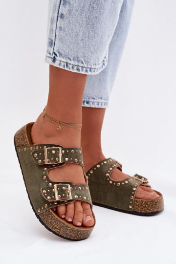 Moteriškos šlepetės Ze aukso spalvosmi su sagtimismi  chaki spalvos Tervina 2