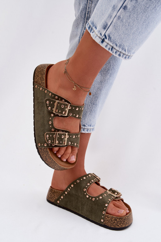 Moteriškos šlepetės Ze aukso spalvosmi su sagtimismi  chaki spalvos Tervina