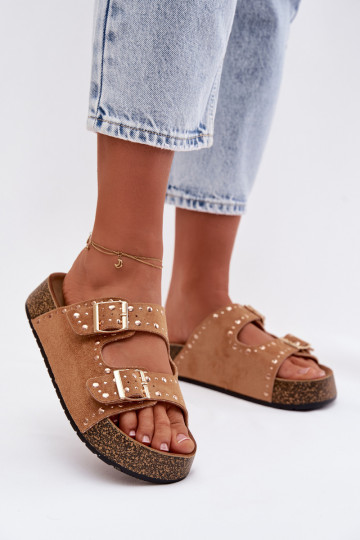 Moteriškos šlepetės Ze aukso spalvosmi su sagtimismi  rudos spalvos Tervina