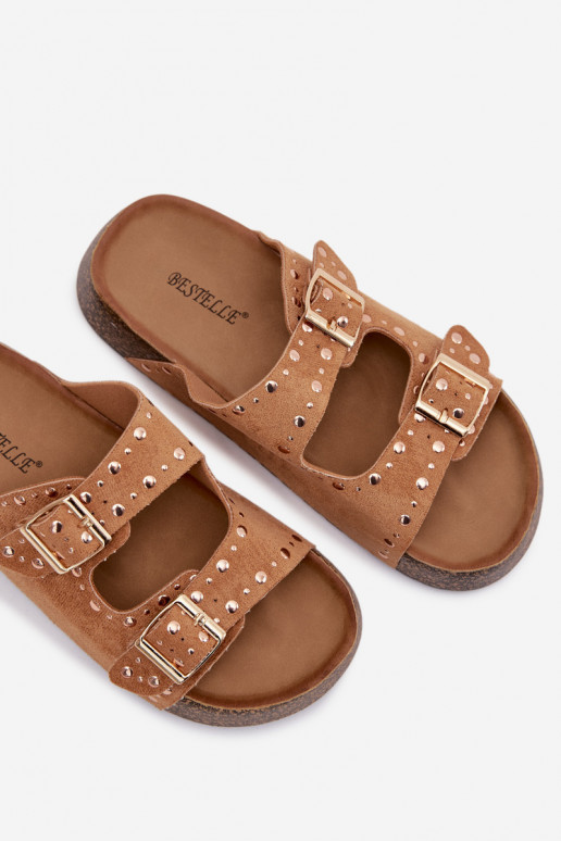 Moteriškos šlepetės Ze aukso spalvosmi su sagtimismi  rudos spalvos Tervina