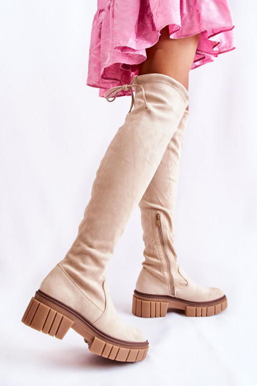 iš zomšos  ilgaauliai batai virš kelių dramblio kaulo spalvos Cheera