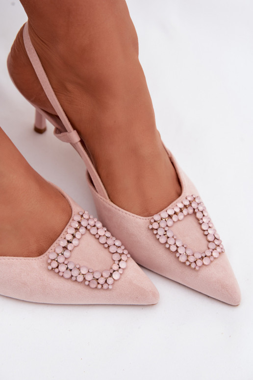 Moteriškos basutės su plonais kulniukais su ornamentais rožinės spalvos Ismeria