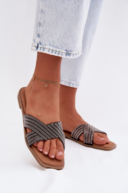 Moteriškos šlepetės su plačiais kulniukais su tviskančiomis akutėmis Juodos spalvos Zinnia