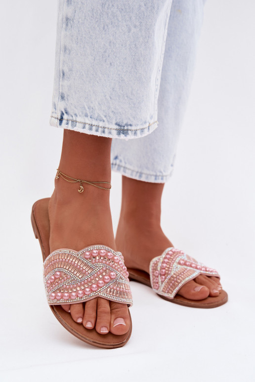 Dekoruotos Šlepetės su plačiais kulniukais rožinės spalvos Dovima