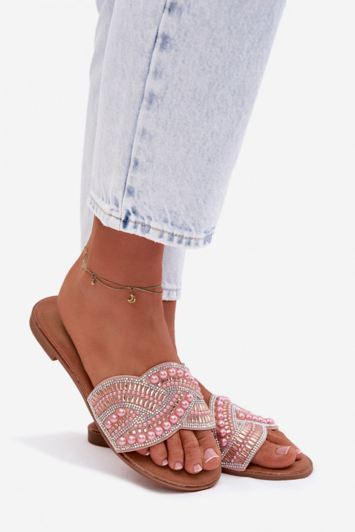 Dekoruotos Šlepetės su plačiais kulniukais rožinės spalvos Dovima