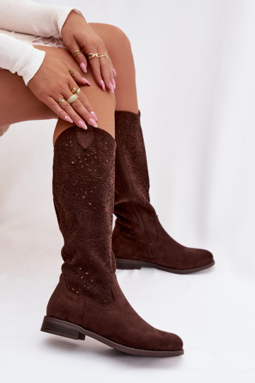 su aužūro elementais moteriški ilgaauliai batai su plačiais kulniukais S.Barski HY61-8023 Czekoladowe