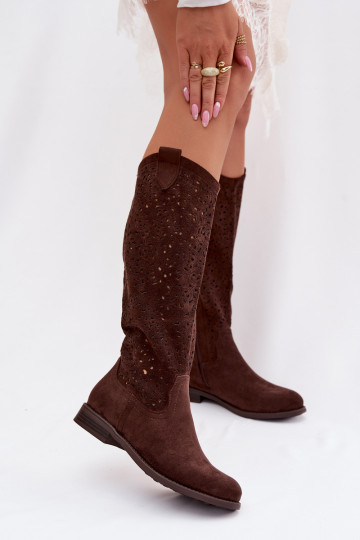 su aužūro elementais moteriški ilgaauliai batai su plačiais kulniukais S.Barski HY61-8023 Czekoladowe 2