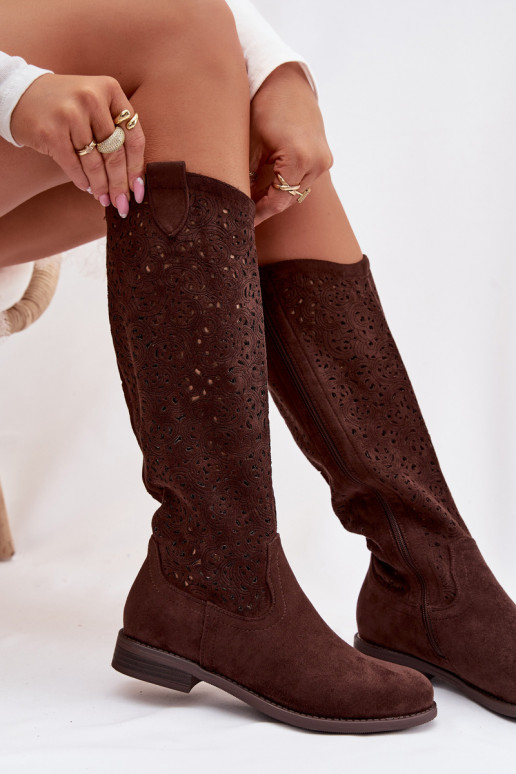 su aužūro elementais moteriški ilgaauliai batai su plačiais kulniukais S.Barski HY61-8023 Czekoladowe