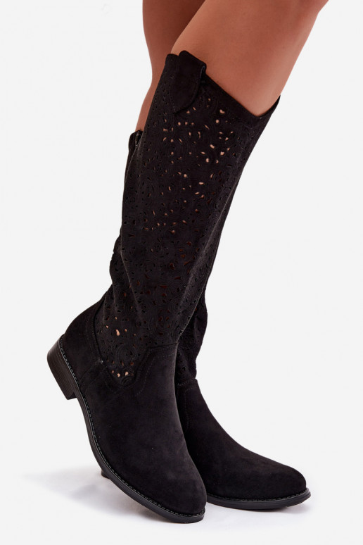 su aužūro elementais moteriški ilgaauliai batai su plačiais kulniukais S.Barski HY61-8023 Juodos spalvos