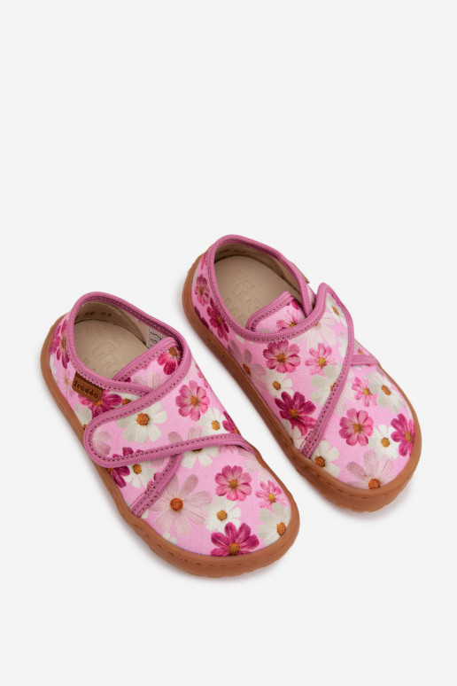 Vaikiškos šlepetės su lipniais užsegimais Barefoot su gėlytėmis Froddo G1700438-8 rožinės spalvos