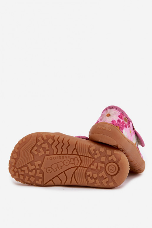 Vaikiškos šlepetės su lipniais užsegimais Barefoot su gėlytėmis Froddo G1700438-8 rožinės spalvos