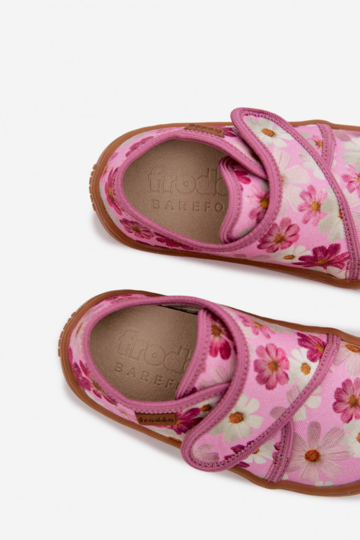 Vaikiškos šlepetės su lipniais užsegimais Barefoot su gėlytėmis Froddo G1700438-8 rožinės spalvos