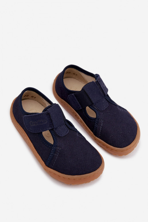 Vaikiškos šlepetės su lipniais užsegimais Barefoot Froddo Canvas G1700439 tamsiai mėlynos spalvos