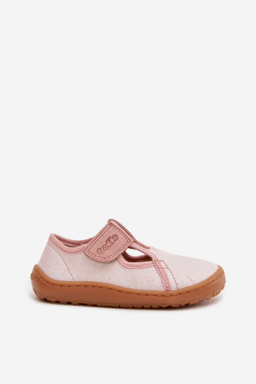 Vaikiškos šlepetės su lipniais užsegimais su blizgesiu Barefoot Froddo Canvas G1700439-2 rožinės spalvos