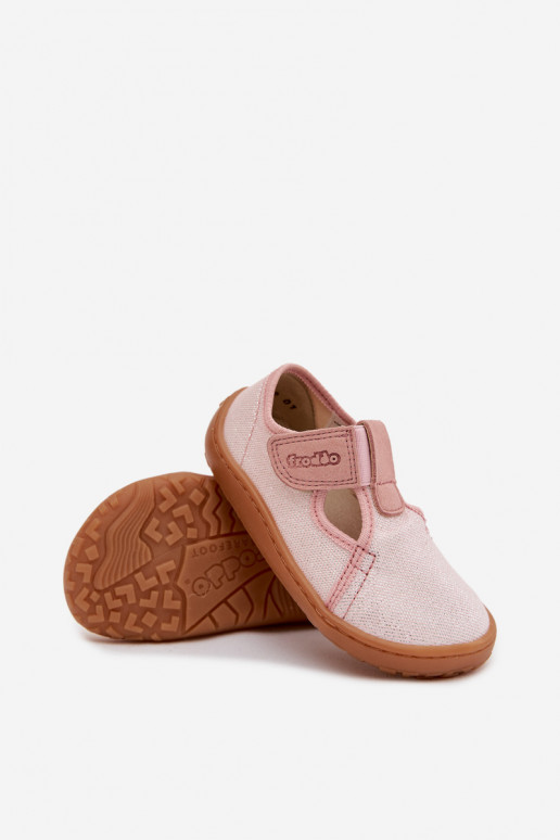 Vaikiškos šlepetės su lipniais užsegimais su blizgesiu Barefoot Froddo Canvas G1700439-2 rožinės spalvos
