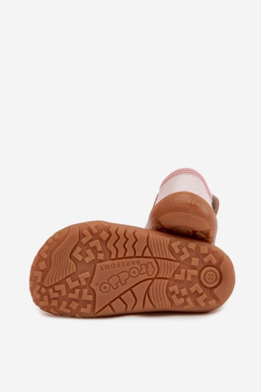 Vaikiškos šlepetės su lipniais užsegimais su blizgesiu Barefoot Froddo Canvas G1700439-2 rožinės spalvos