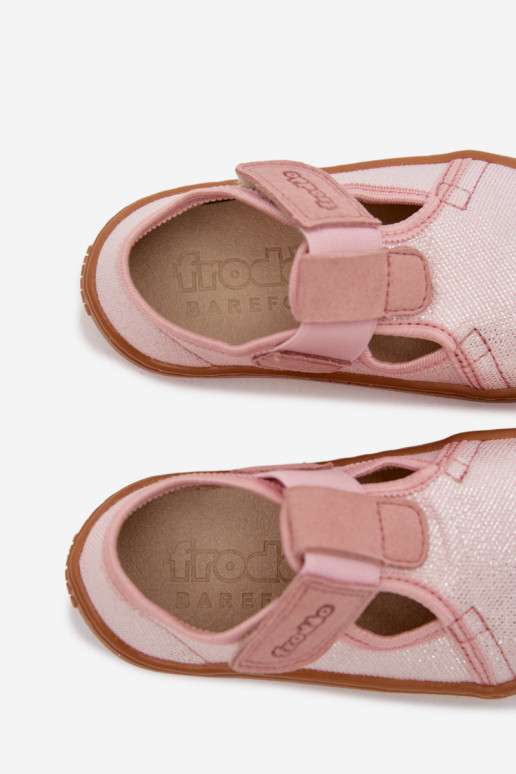 Vaikiškos šlepetės su lipniais užsegimais su blizgesiu Barefoot Froddo Canvas G1700439-2 rožinės spalvos