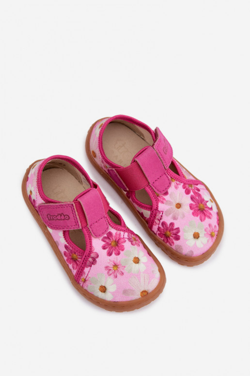 Vaikiškos šlepetės su lipniais užsegimais ir gėlytėmis Barefoot Frod