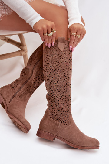 su aužūro elementais moteriški ilgaauliai batai su plačiais kulniukais S.Barski HY61-8023 rudos spalvos