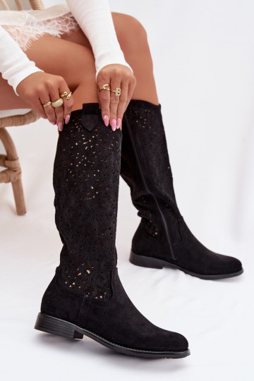 su aužūro elementais moteriški ilgaauliai batai su plačiais kulniukais S.Barski HY61-8023 juodos spalvos