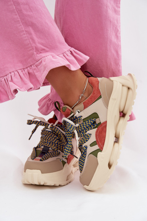 Odiniai moteriški sneakers su platforma D&A CR61-3133 smėlio spalvos
