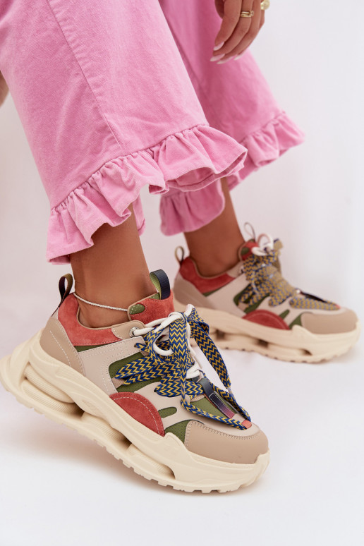 Odiniai moteriški sneakers su platforma D&A CR61-3133 smėlio spalvos