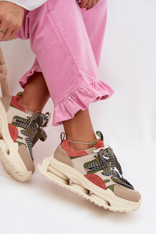 Odiniai moteriški sneakers su platforma D&A CR61-3133 smėlio spalvos