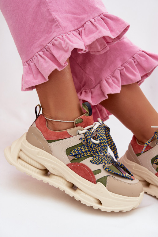 Odiniai moteriški sneakers su platforma D&A CR61-3133 smėlio spalvos