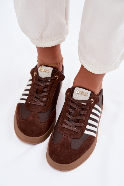 Moteriškas sneakers modelio batai iš natūralios odos ir zomšo Big Star TT274715 šokolado spalvos
